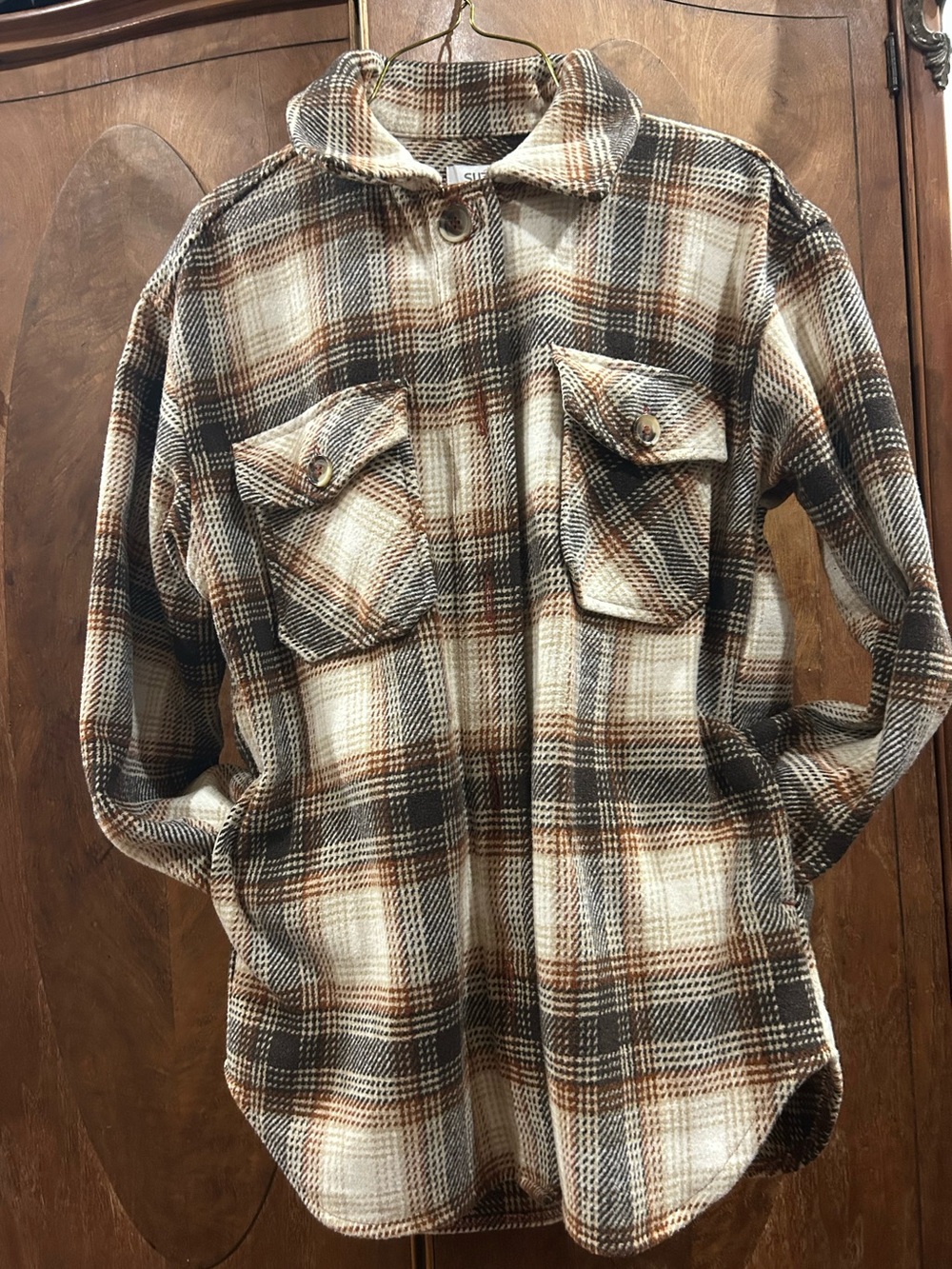 Suzy Shier Cream, Brown & Black Plaid Shacket